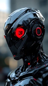 Sleek black android with glowing red eyes in soft city light.