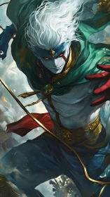 White haired warrior with glowing eyes in mid air attack.