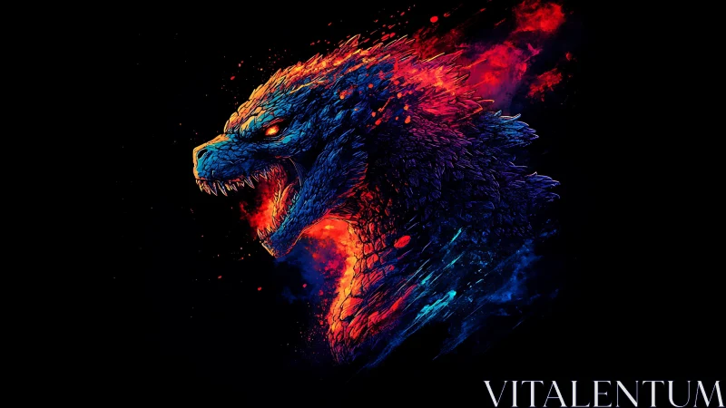 Neon kaiju roars in blazing electric red and blue firestorm.