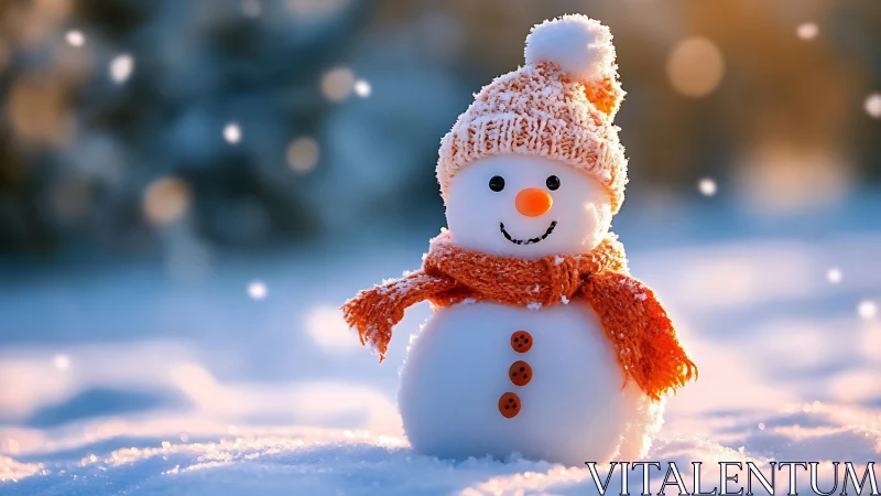 Smiling snowman in orange knitwear brightens a snowy morning.
