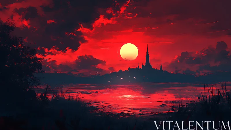 Crimson sunset silhouette crowns distant gothic citadel.