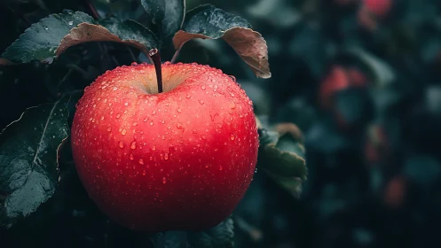 Ripe red apple hangs in sharp focus against dark foliage