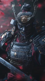 Samurai warrior in ornate armor holds sword in red-lit scene