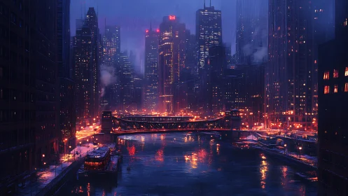 Midnight river lights winding through a quiet neon city.