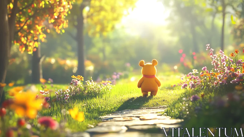 Sunny garden stroll with a curious little bear friend.