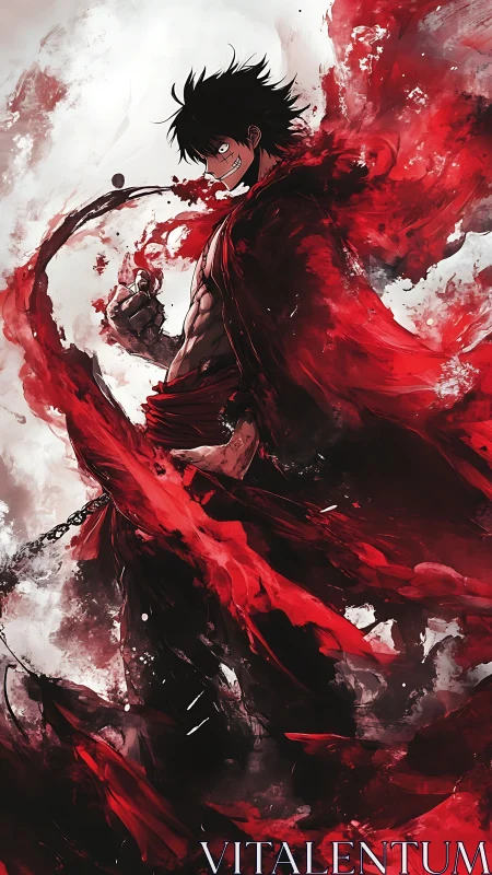 Dark anime warrior unleashes swirling red energy storm