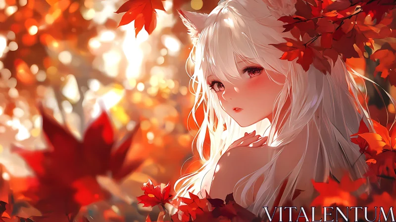 Fox-eared autumn muse glows amid scarlet maple whispers.