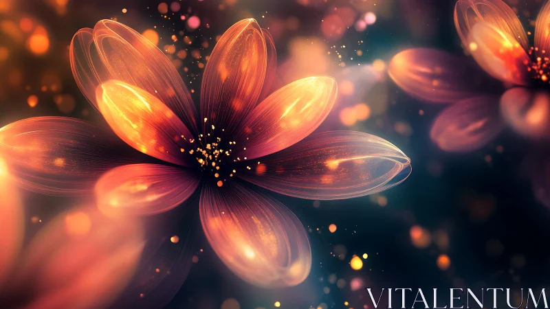 Luminescent Digital Flowers with Particle Bokeh and Warm Radiant Bloom Effects