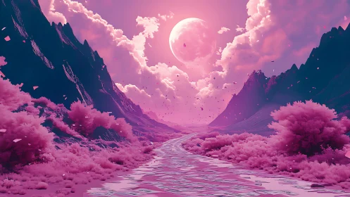 Moonlit pink valley where clouds and rivers quietly glow.