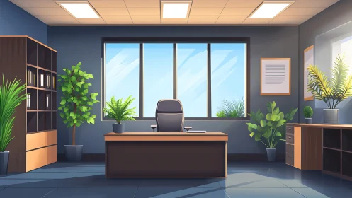 Sunlit executive office rendered with clean geometric layout