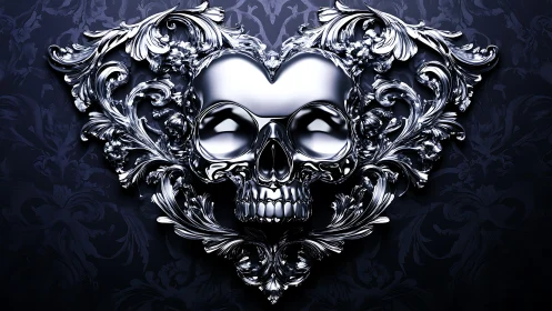 Chrome skull framed by baroque metallic filigree motif.