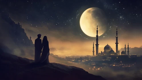 Moonlit Silhouettes Over Islamic Mosque Architecture in Nocturnal Landscape