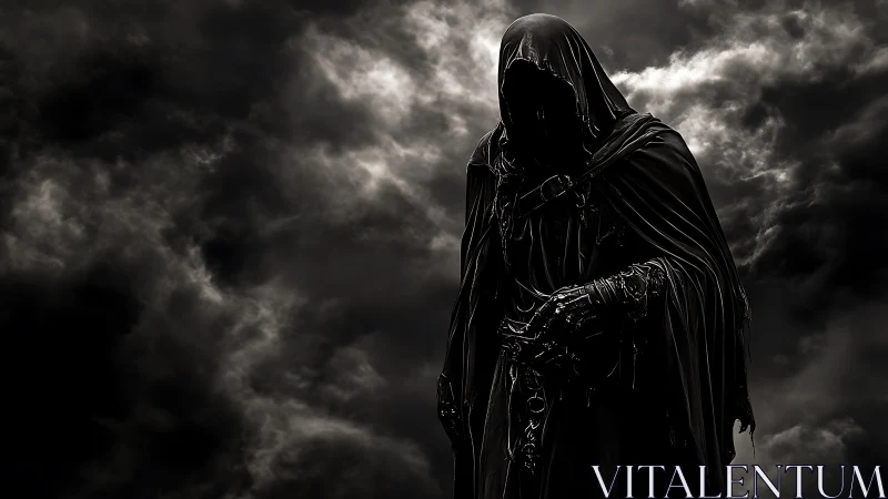 Hooded dark figure stands against stormy, clouded sky