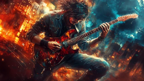 Electric rock guitarist in blazing neon city stormscape