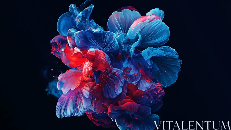 Glowing red and blue petals blooming in a midnight dream.