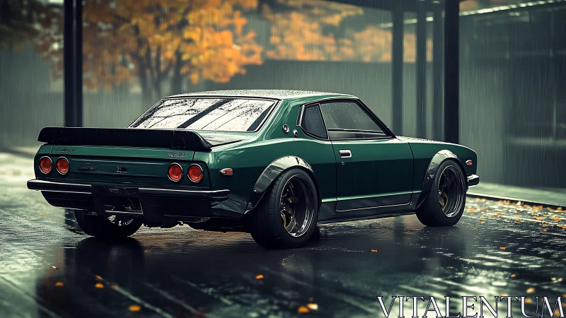 Retro green coupe rendered in rainy urban courtyard.