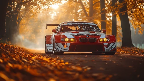 GT race BMW framed by autumnal tunnel of diffused light.