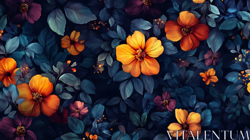 Vibrant floral composition with golden blooms on dark botanical background