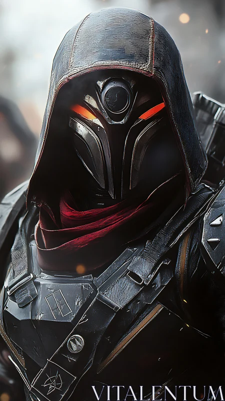 Armored sci fi assassin in hooded helmet with glowing eyes.