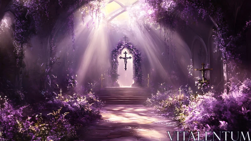 Lavender-lit cathedral garden cradling a radiant floating cross.