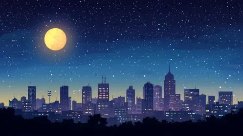 Moonlit city skyline glows softly under a peaceful starry sky
