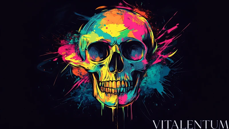 Neon chromatic skull portrait with dynamic paint splashes.