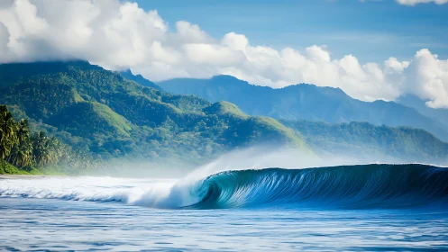 Blue ocean wave curling before lush tropical mountains.