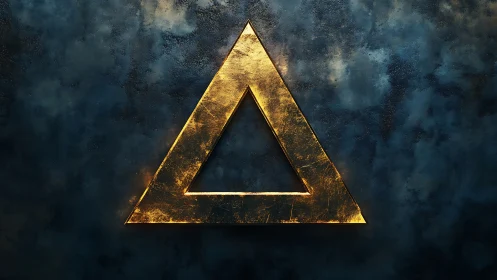 Luminous golden triangle emblem on textured blue field.