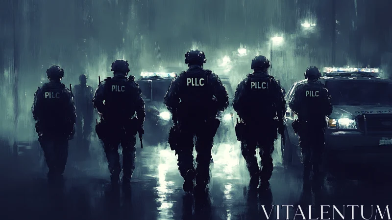 Tactical police squad advances through neon-lit rainy street.