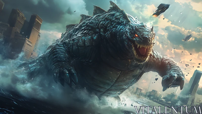 Colossal sea kaiju storms futuristic coastal cityscape.