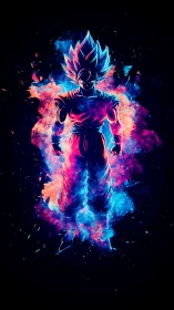 Stylized neon silhouette of spiky haired fighter figure.