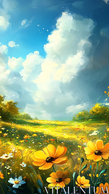 Digital landscape shows wildflower field under cumulus clouds