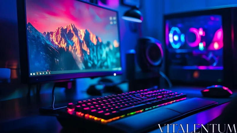 RGB gaming PC desktop with monitor, keyboard, and mouse.