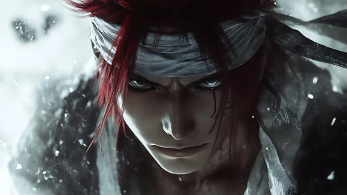 Battle-scarred warrior glares through swirling digital storm.