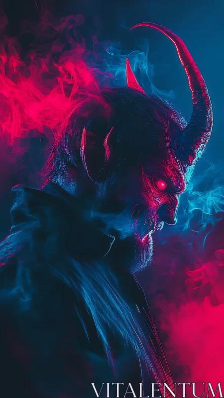 Bipolar neon demon portrait with volumetric smoke dynamics.