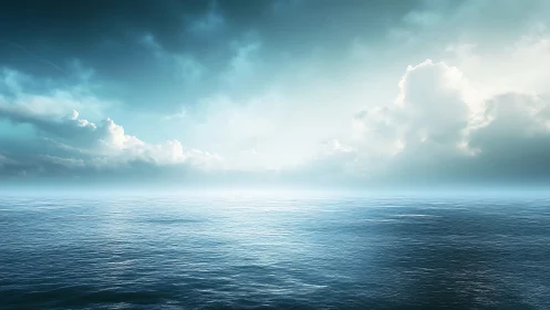 Calm ocean horizon under luminous blue morning sky