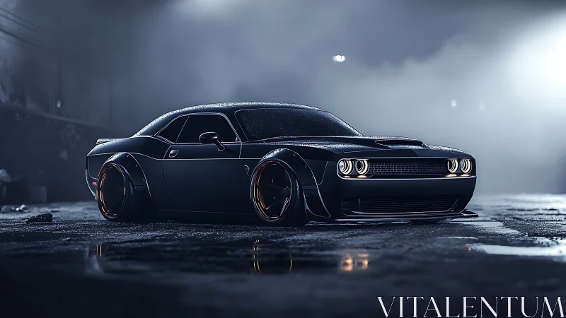 Widebody black muscle car in wet nocturnal urban streetscape
