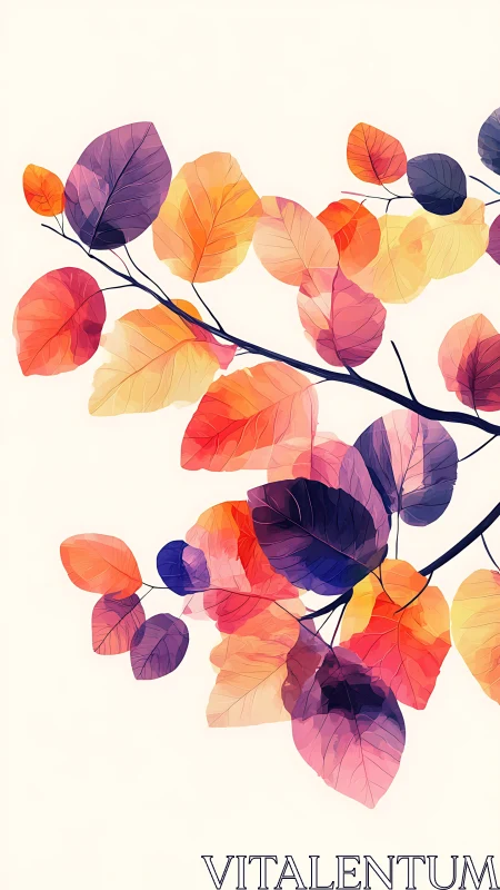 Colorful abstract leaves on branching stem over light background.