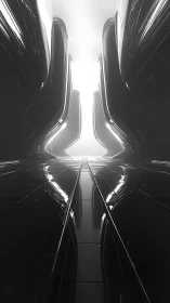 Symmetrical Futuristic Corridor Converging Toward Light.