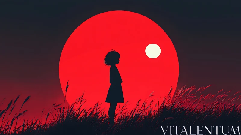 Silhouette of girl before giant red sun in tall grass.