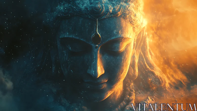 Cosmic stone deity dreaming between fire and starlit dusk.