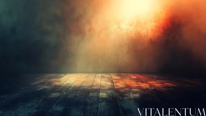 Empty rustic wooden floor and textured wall with dramatic lighting.