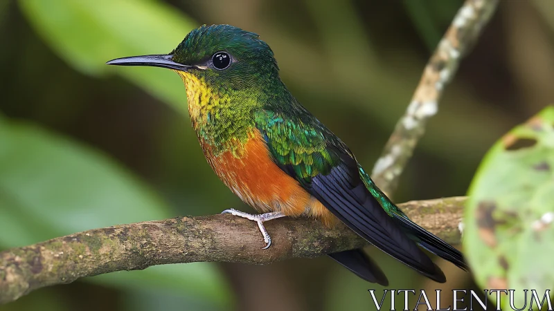 Vibrant hummingbird perched on branch in lush natural setting.