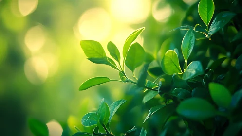 Sunlit Green Leaves in Nature with Soft Bokeh Background.