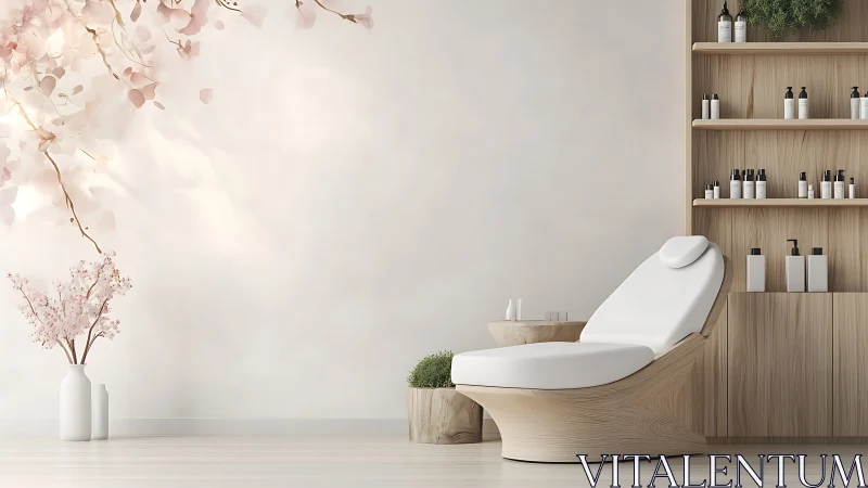 Serene spa nook with blossom wall and cozy treatment chair.