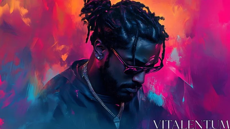 Neon-drenched portrait of a brooding man in electric glow.