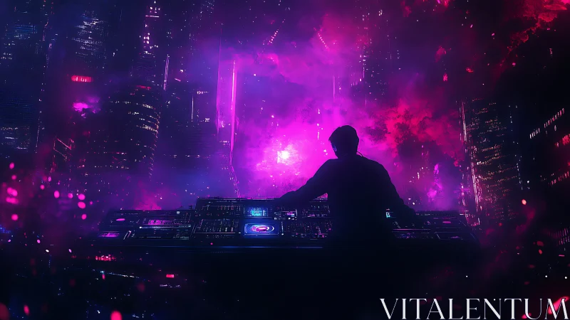 Cyberpunk DJ mixes neon skyline over luminous cityscape.