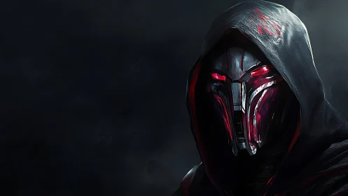 Shadowed sci fi warrior gazes out with glowing red eyes