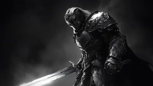 Shadowed knight stands ready, dark armor gleaming in silence