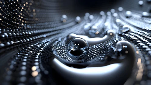 Futuristic Metallic Droplets on Reflective Surface, Abstract Art.
